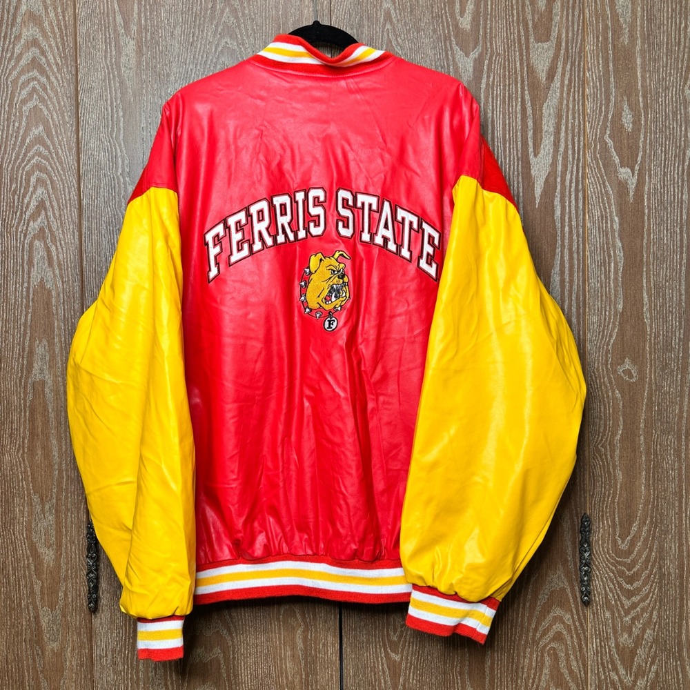 Vtg 80s Ferris State Bulldogs Varsity Jacket‎ Red Mens XL Snap Front Embroidered